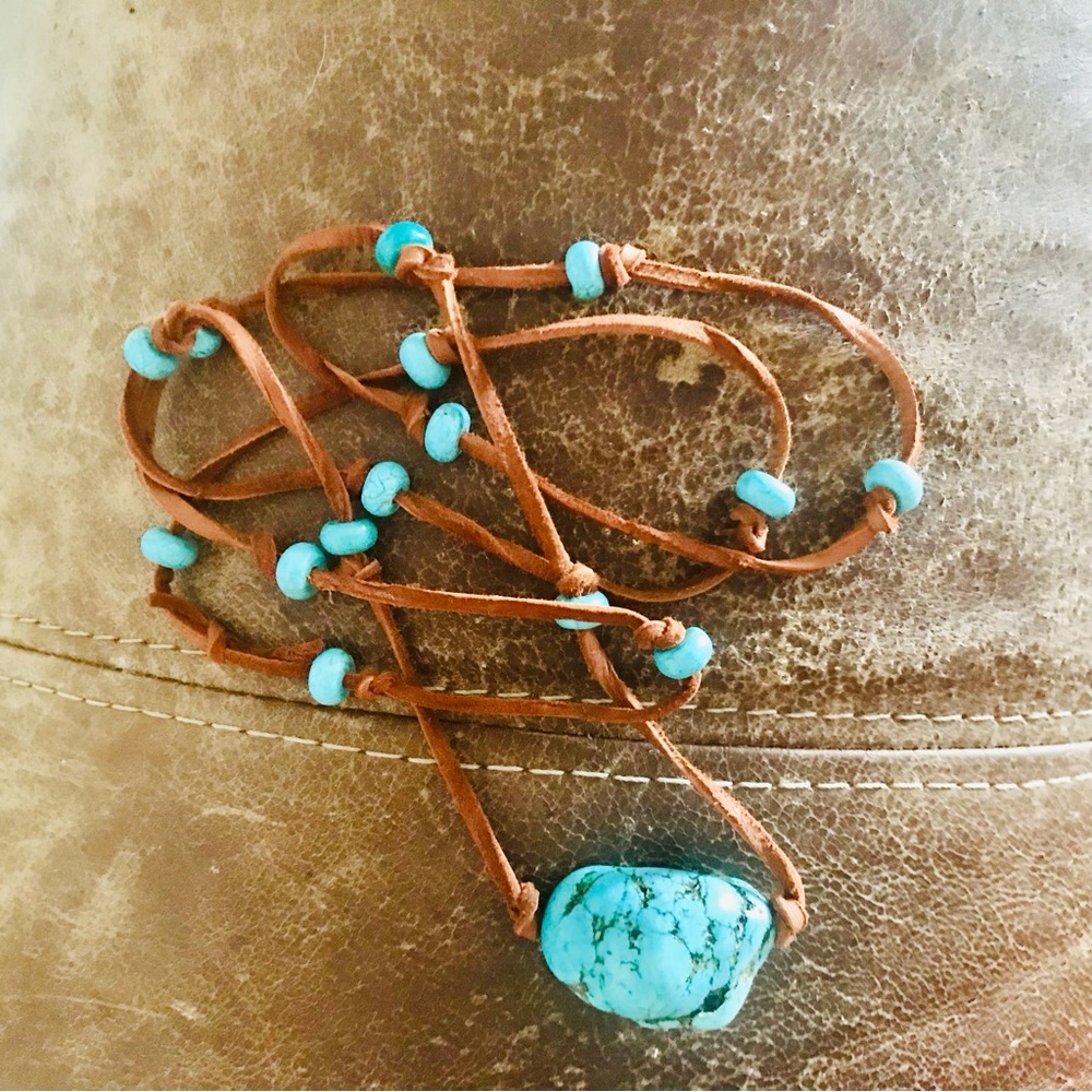 Turquoise leather necklace 20 inch boho hippie New